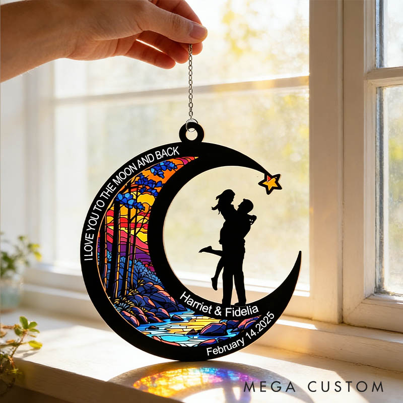 Personalized Couple Silhouette You and Me Always and Forever Suncatcher Custom Moon Shaped Night Sky Window Decor Anniversary Gift Valentines Day Gift