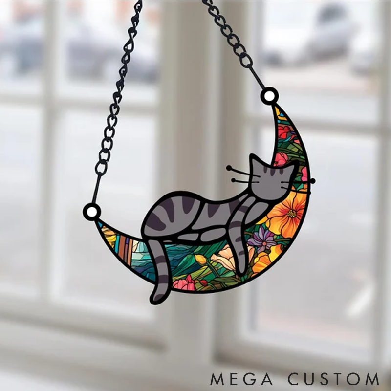 Personalized Cat Lover Sleeping Cat on Moon Sun Catcher
