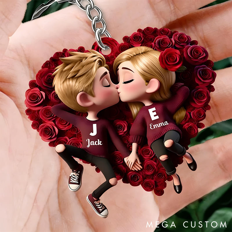 Personalized Couple Rose Heart Keychain Custom Features Initial Names Keychain Romantic Gift for Valentine's Day Gift for Couple For Him Her