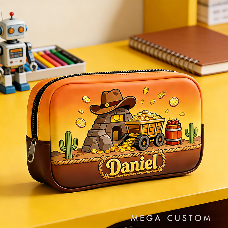Personalized Cowboy Mining Pencil Case – Custom Name with Gold Mine & Cactus Design