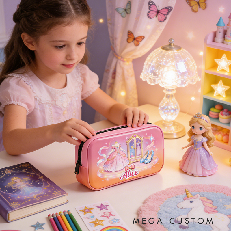 Personalized Enchanted Princess Pencil Case – Personalized name with Ballgown & Magic Mirror Design