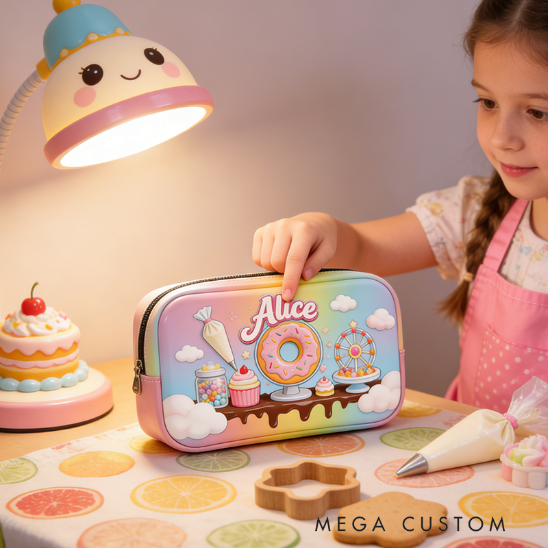 Personalized Pastel Dessert Carnival Pencil Case – Custom name with Donut Ferris Wheel & Cupcakes