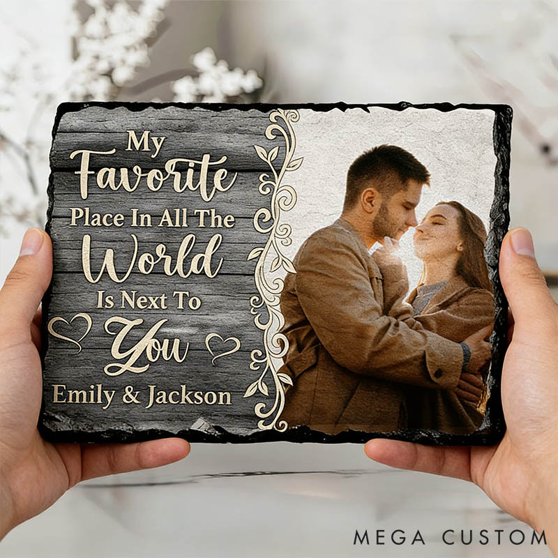 Personalized Couple Photo My Favorite Place in All the World is Next To You Rectangle Shaped Stone with Stand Anniversary Gift Valentines Day Gift
