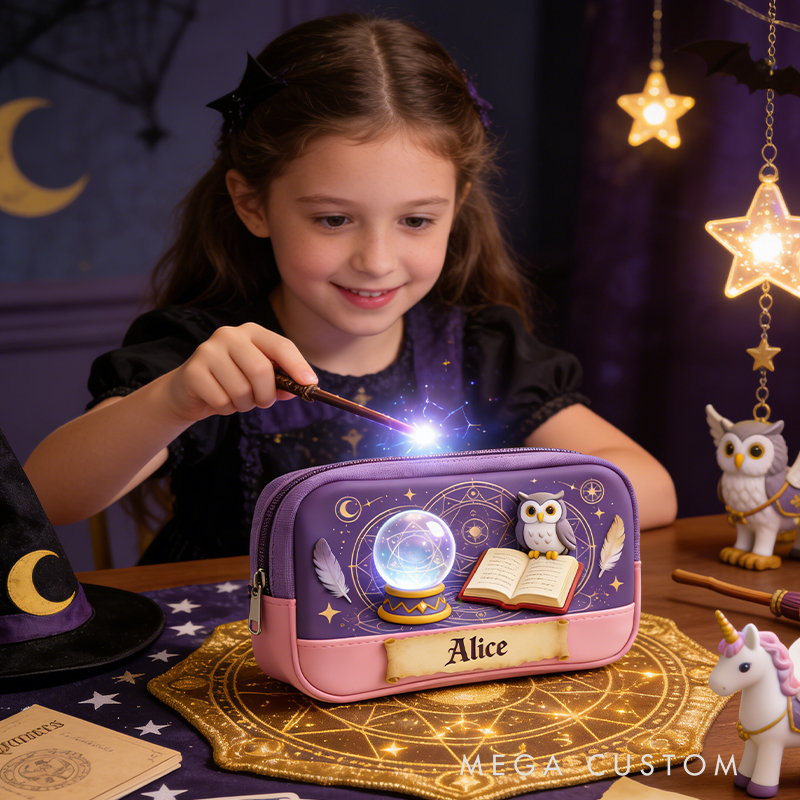 Personalized Mystical Owl Magic Pencil Case – Personalized with Crystal Ball & Spellbook Design