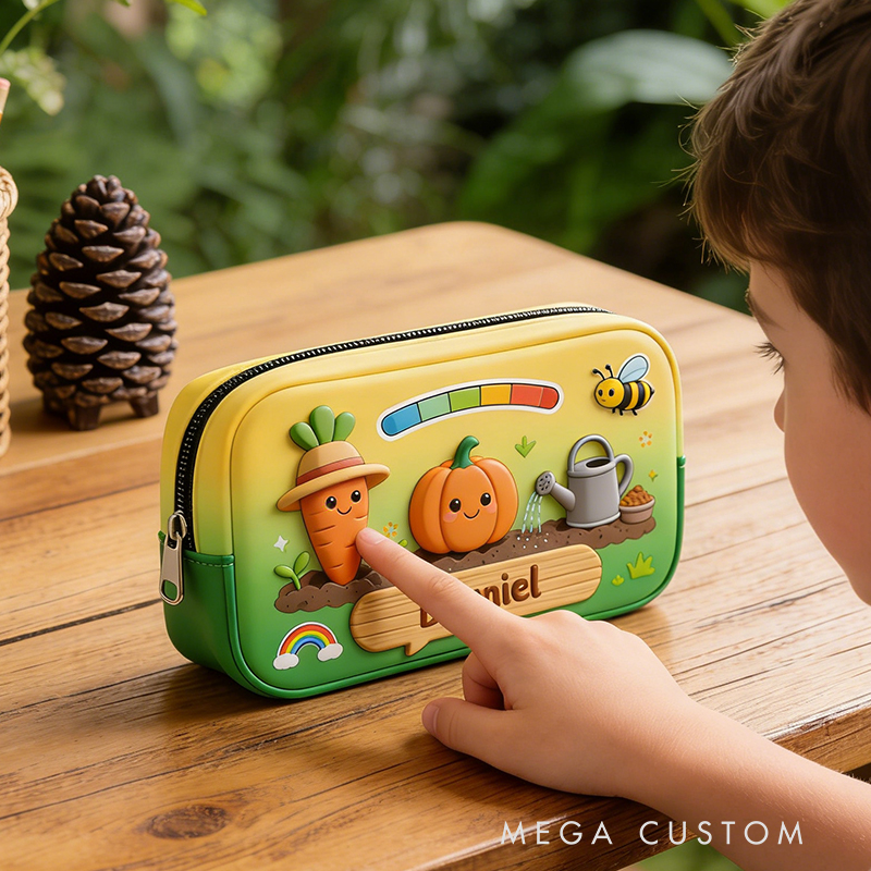 Personalized Cheerful Garden Pencil Case – Custom name with Smiling Carrot, Pumpkin & Rainbow