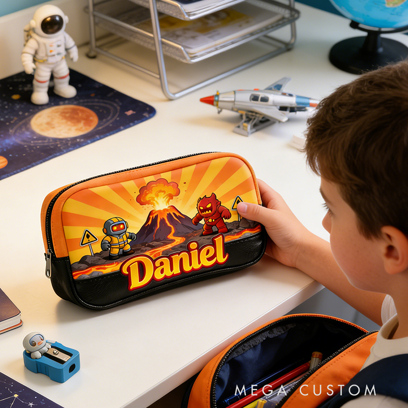 Personalized Space Explorer Pencil Case – Personalized name with Astronaut, Volcano & Alien Design