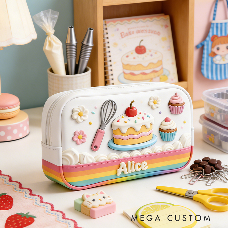 Personalized Sweet Celebration Pencil Case – Custom with 3D Cake, Cupcakes & Rainbow Trim