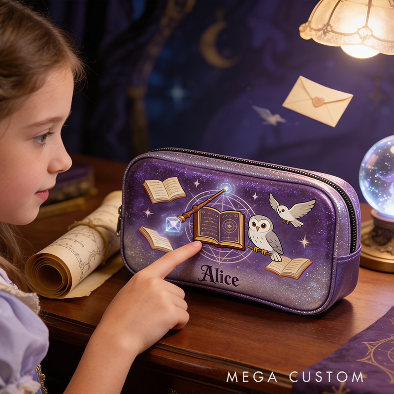Personalized Wizard’s Library Pencil Case – Personalized with Floating Books, Owl & Crystal