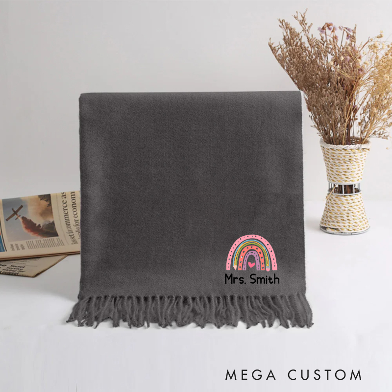 Personalized Teacher Scarf Custom Name Embroidered Rainbow Shawl Gift for Teacher Girlfriend or Women Solid Color Winter Wrap