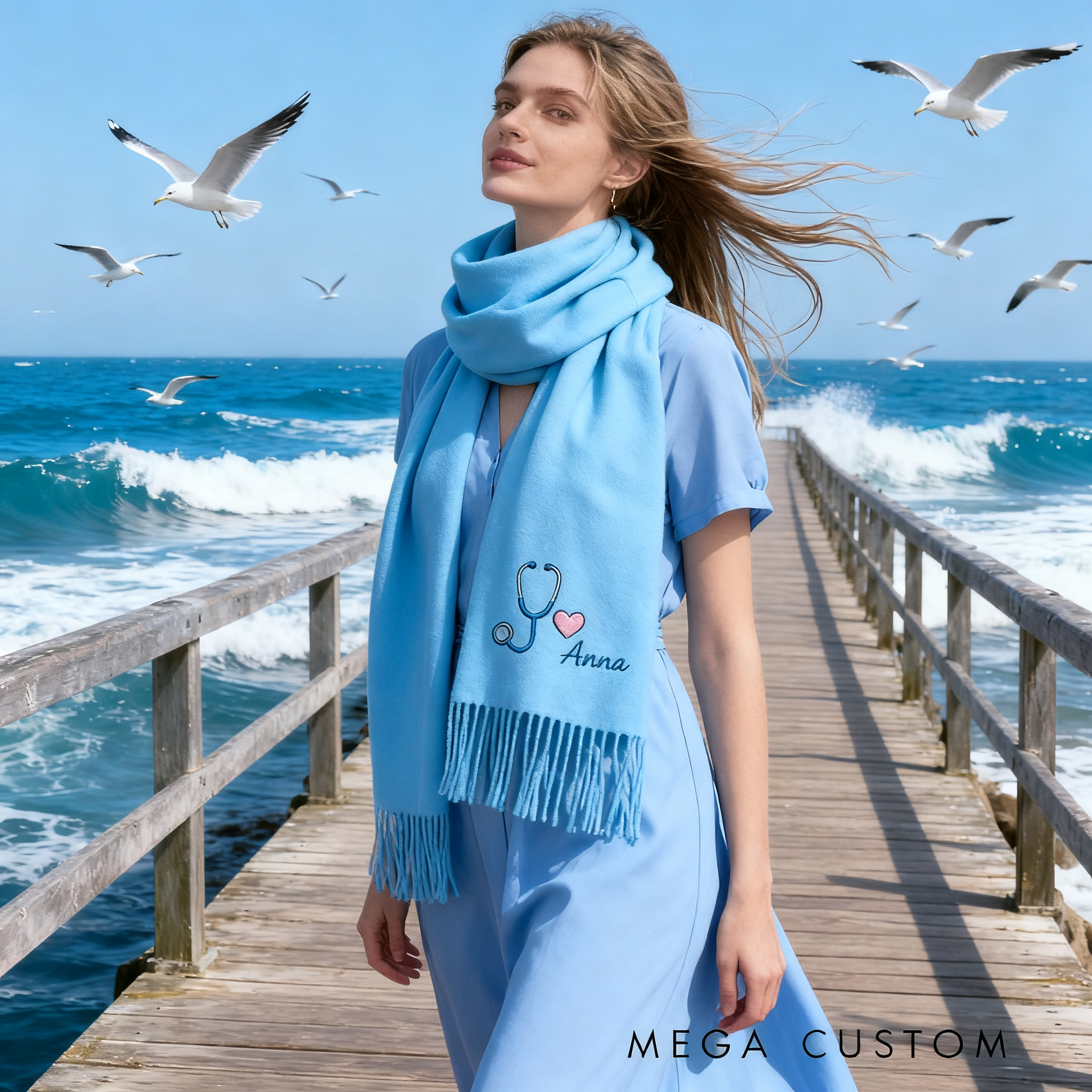 Personalized Nurse Scarf Custom Name Stethoscope Heart Shawl Gift for Nurse Girlfriend or Women Solid Color Winter Wrap