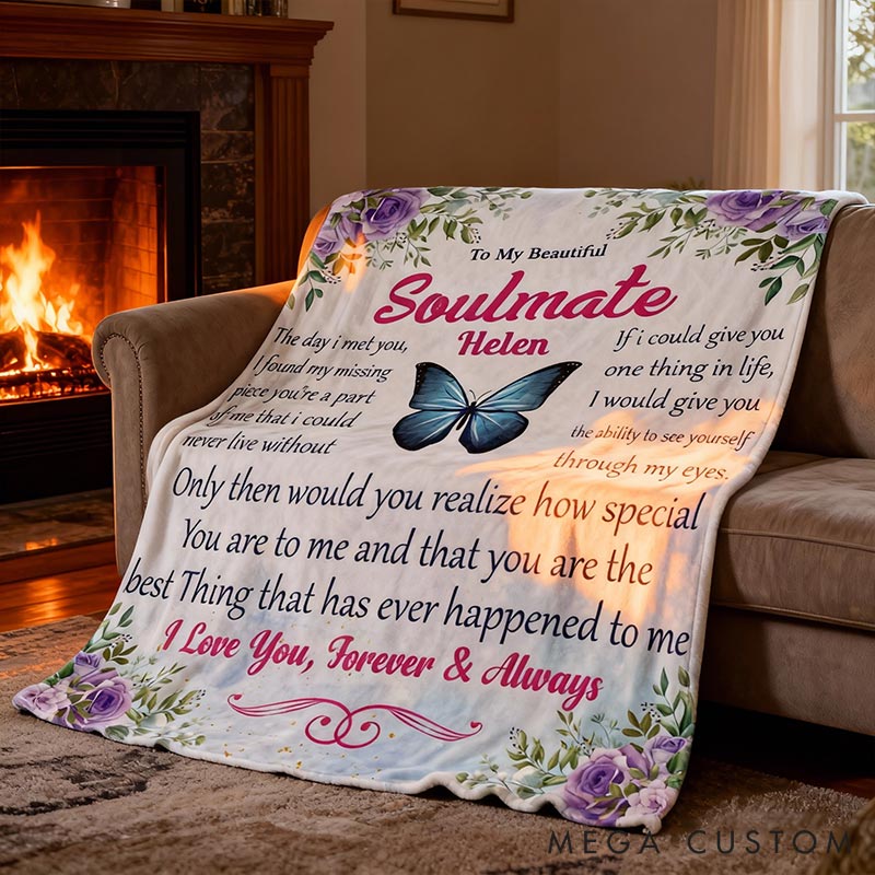 Personalized To My Beautiful Soulmate Couple Blanket Custom Names Cozy Gifts for Couple for Wife Husband Valentine's Gifts for Girlfriend boyfriend