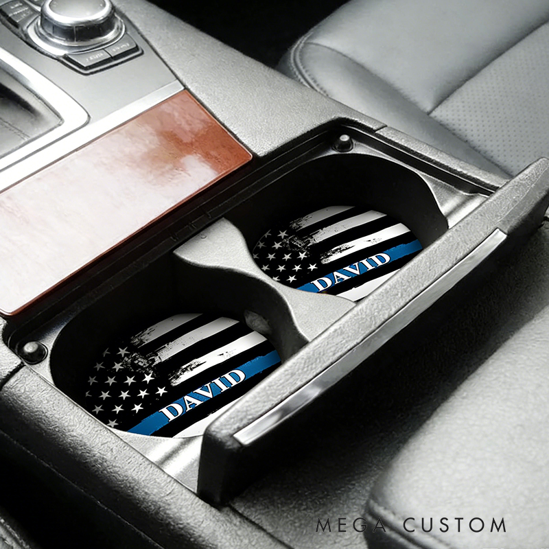 Personalized Custom Police Thin Blue Line Car Coasters – Personalized American Flag Auto Cup Holders (Set of 2)