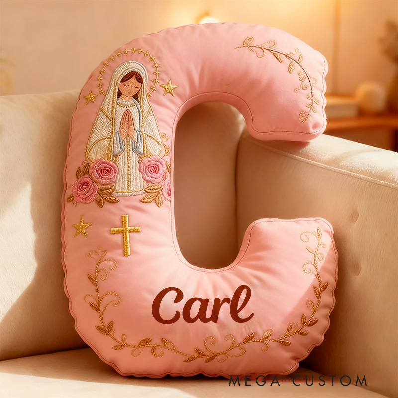 Personalized Virgin Mary Pink Letter Pillow with Custom Name Catholic Home Decor Religious Gift for Her Catholic Gift for Women Graphic 3D Print Pillow