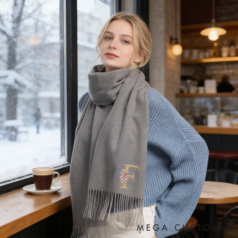 Personalized Initial Scarf Custom Floral Letter Shawl Gift for Women Solid Color Winter Wrap Gifts