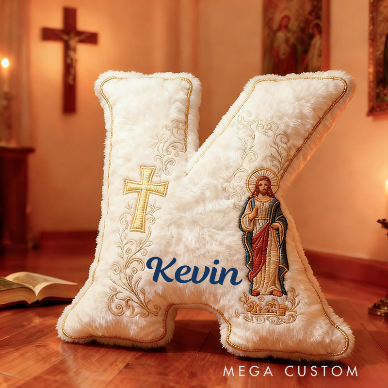 Personalized Jesus Cross Letter Pillow with Custom Name Home Decor Graphic 3D Print Pillow Religious Faith Gift for Christians Jesus Lover Gift