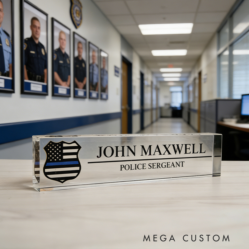 Personalized Custom Police Thin Blue Line Acrylic Desk Nameplate – Personalized Police Sergeant Office Plaque