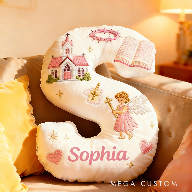 Personalized Little Angel Letter Pillow with Custom Name Kid Room Decor Church Cross Angel Bible Religious Faith Gift for Her Graphic 3D Print Pillow
