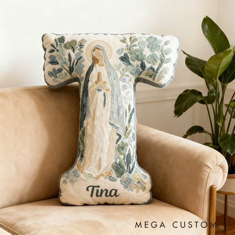 Personalized Blessed Mother of God Floral Virgin Mary Graphic 3D Print Letter Pillow with Custom Name Faith Home Decor Catholic Gift for Women