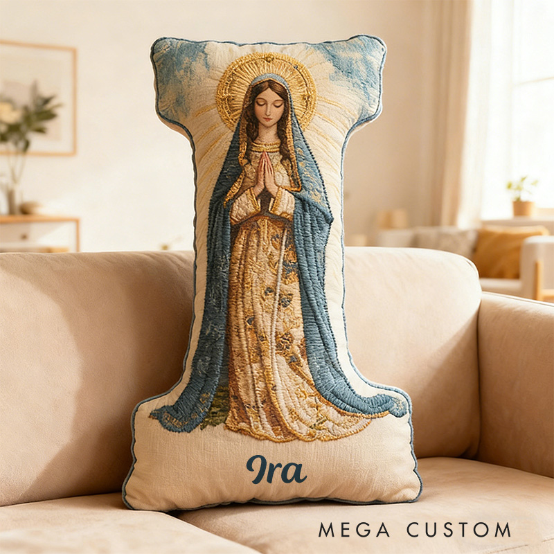 Personalized Virgin Mary Blue Letter Pillow with Custom Name Religious Home Decor Catholic Gift for Her Prayer Faith Gift Graphic 3D Print Pillow