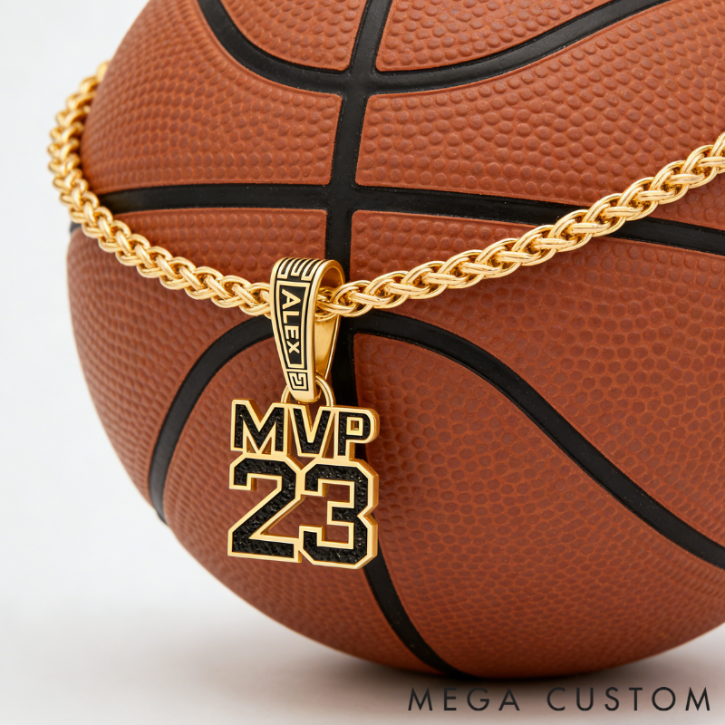 Custom Name and MVP Number Pendant Necklace – Personalized Sports-Themed Jewelry with Bold Chain Design