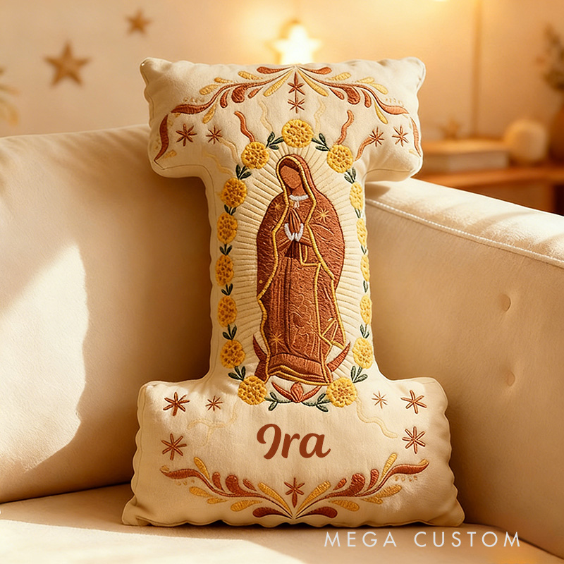 Personalized Our Lady of Guadalupe Marigold Letter Pillow with Custom Name Home Decor Religious Gift Catholic Gift for Women Graphic 3D Print
