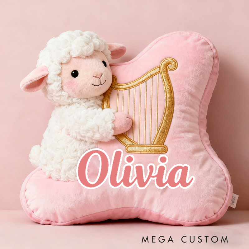 Personalized Graphic 3D Print Pink-White Sheep & Harp Pillow With Your Own Name Soft Stuffed Toy for Kids Unique Decorative Cushion for Girls' Room