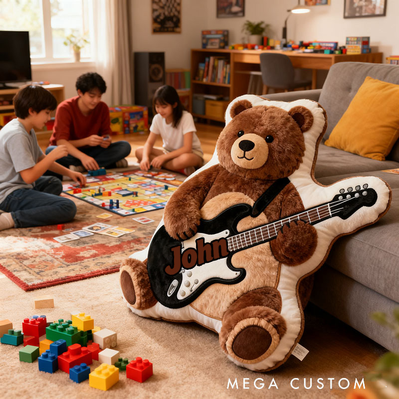 Personalized Graphic 3D Print Brown Bear & Electric Guitar Pillow With Your Own Name Soft Stuffed Toy for Kids Unique Decorative Cushion for Boys' Room and Playroom