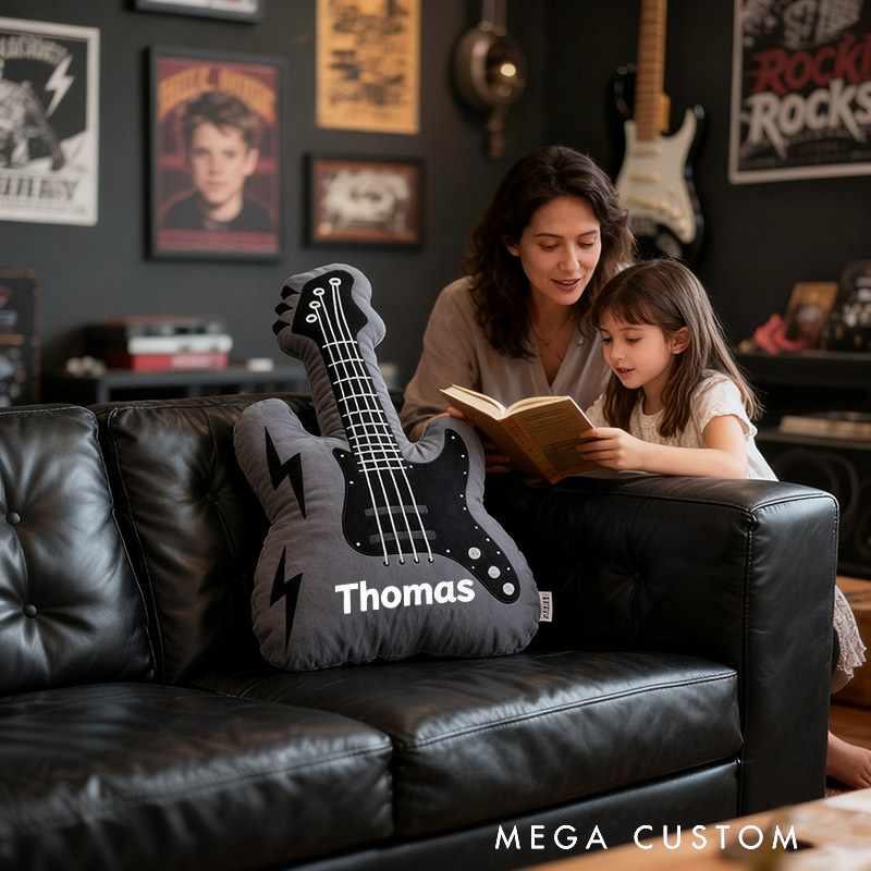 Personalized Graphic 3D Print Electric Guitar Pillow With Your Own Name Soft Stuffed Toy for Rock Music Lovers Unique Decorative Cushion for Boys' Room and Music Room