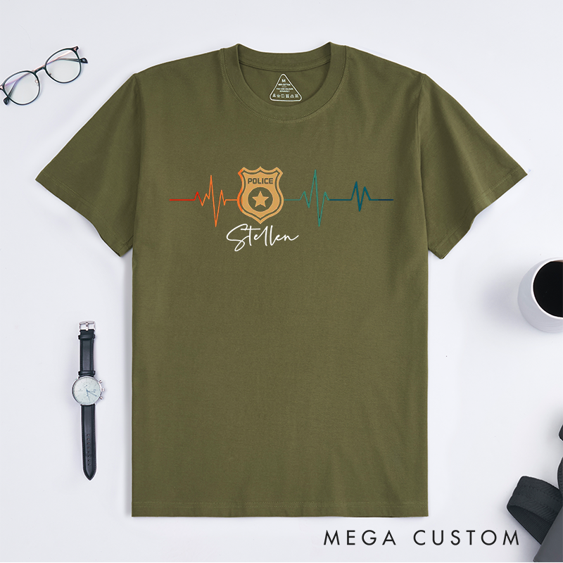 PersonalizedPolice Badge Heartbeat Design Gift for Police Officer T-Shirt