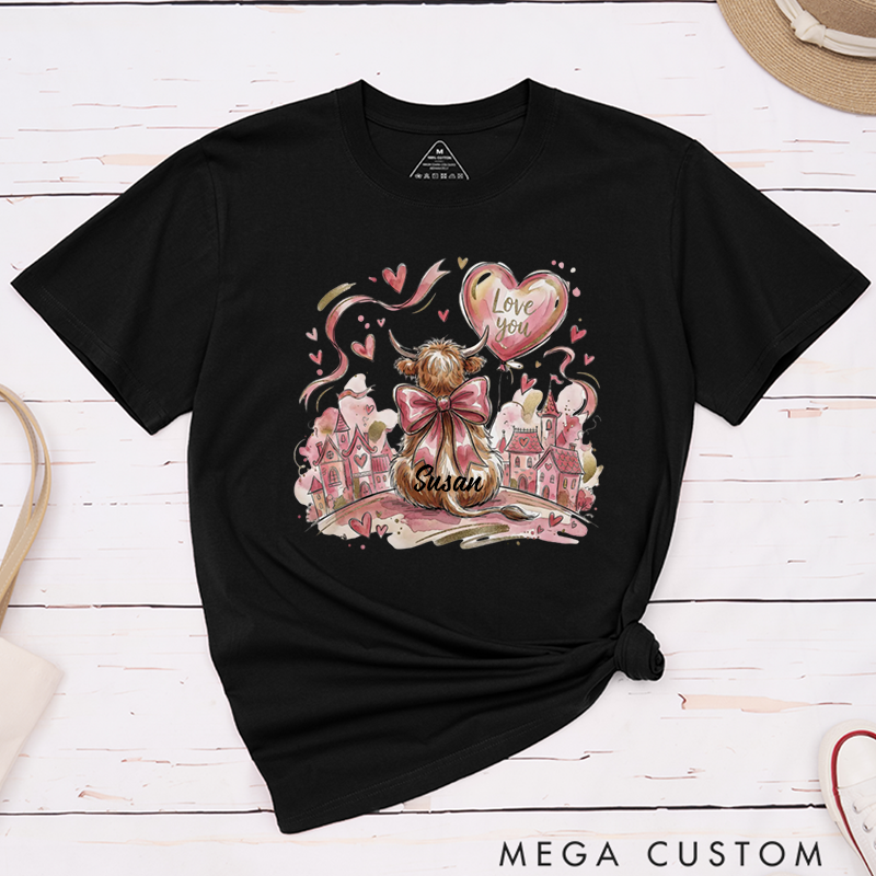 Personalized Pet Lover Valentine Highland Cow T-Shirt