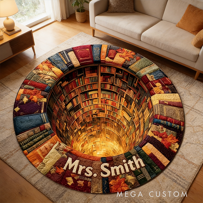 Personalized Library 3D Round Rug Custom Name Trippy Hole Carpet Colorful Illusion Floor Mat Gift for Teachers and Office Decor