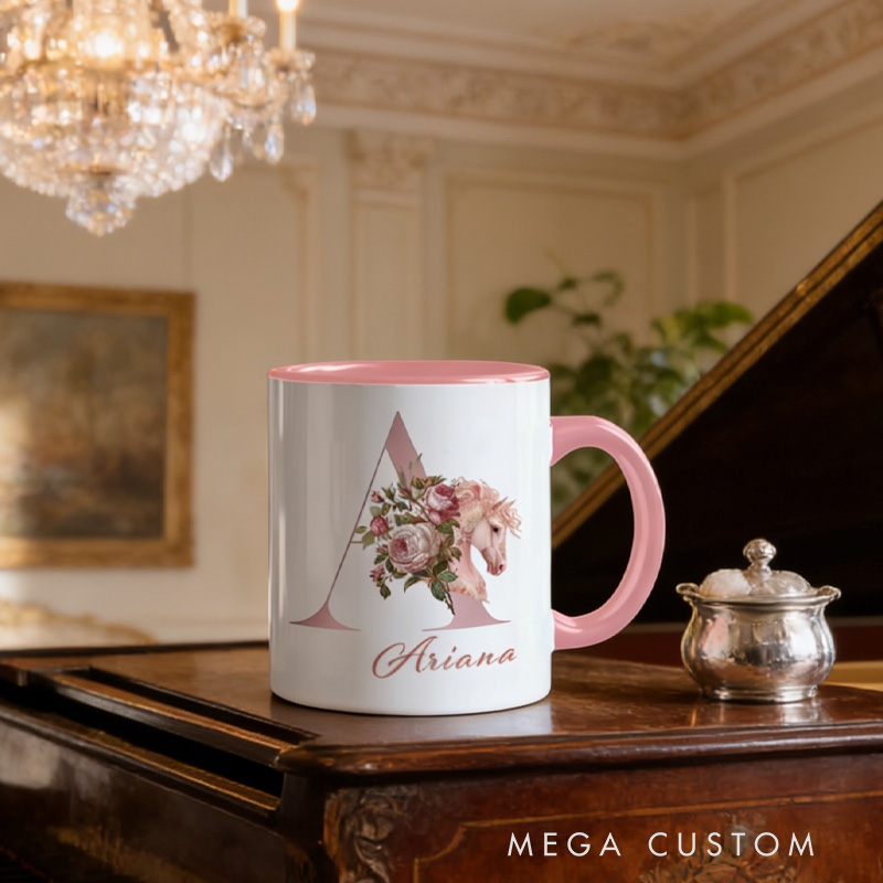 Personalized Initials 26 Letter Equestrian Mug Pink Flowers Horse Coffee Gift for Riding Lovers Equestrian Lovers
