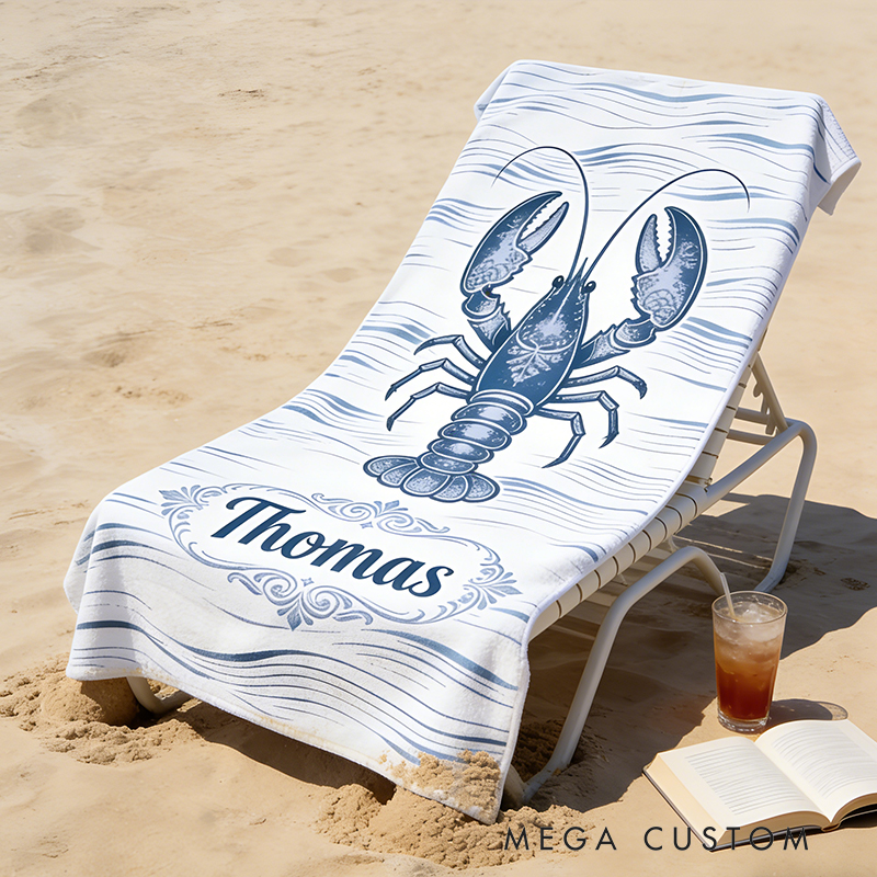 Personalized Custom Ocean Animal Beach Towel - Personalized lobster Monogrammed Beach Towel for Kids & Adults, Quick-Dry Beach Pool Towel with Coastal Wave Design