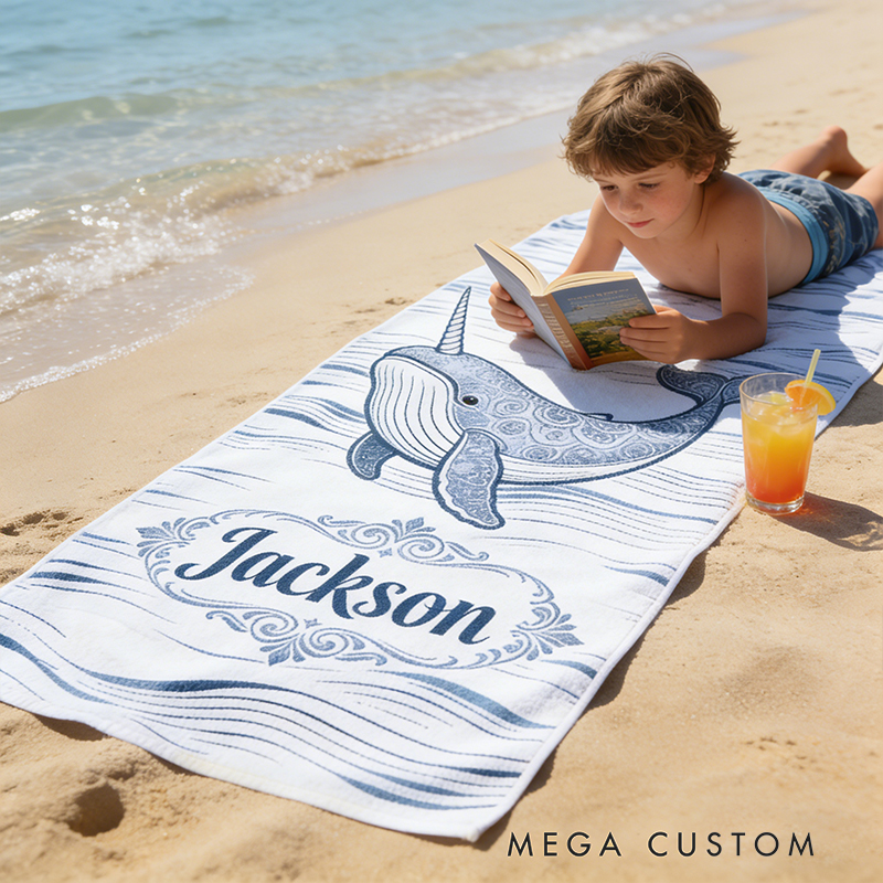 Personalized Custom Ocean Animal Beach Towel - Personalized whale Monogrammed Beach Towel for Kids & Adults, Quick-Dry Beach Pool Towel with Coastal Wave Design