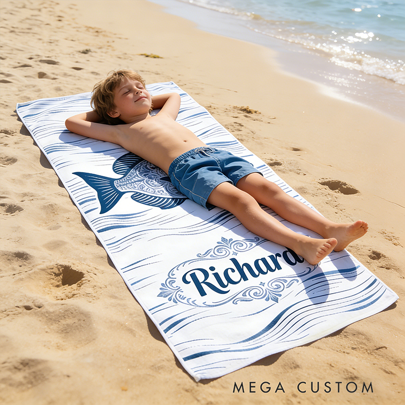 Personalized Custom Fish Design Beach Towel - Personalized Monogrammed Coastal Wave Beach Towel, Quick-Dry Absorbent Pool Towel for Summer