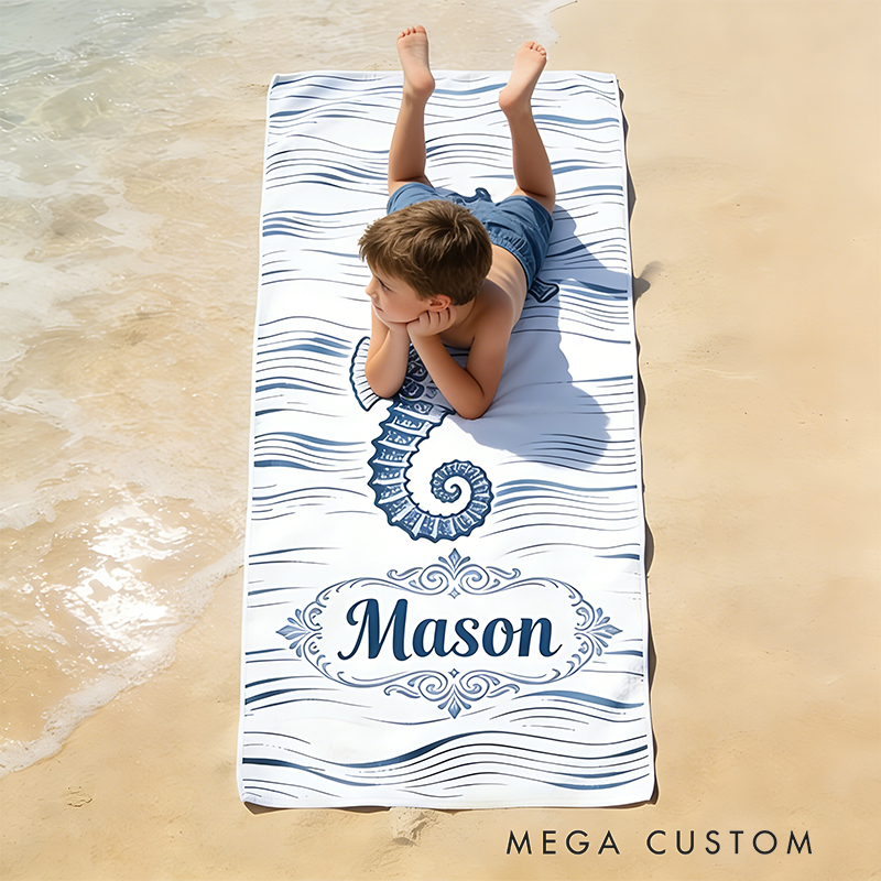 Personalized Custom Seahorse Beach Towel - Personalized Monogrammed Coastal Wave Towel, Quick-Dry Absorbent Pool/Beach Towel