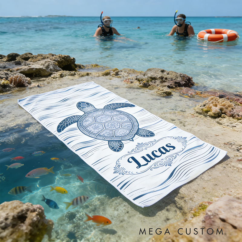 Personalized Custom Ocean Animal Beach Towel - Personalized sea ​​turtle Monogrammed Beach Towel for Kids & Adults, Quick-Dry Beach Pool Towel with Coastal Wave Design
