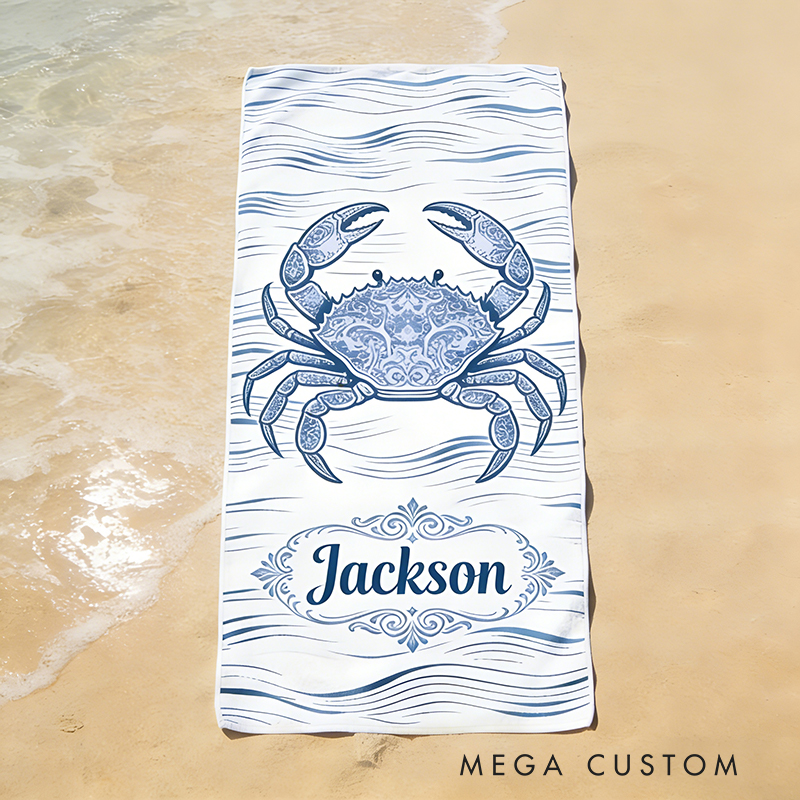 Personalized Custom Ocean Animal Beach Towel - Personalized Crab Monogrammed Beach Towel for Kids & Adults, Quick-Dry Beach Pool Towel with Coastal Wave Design