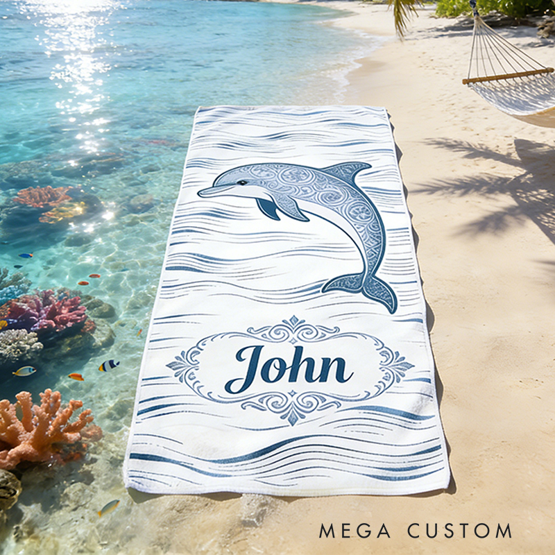 Personalized Custom Ocean Animal Beach Towel - Personalized dolphin Monogrammed Beach Towel for Kids & Adults, Quick-Dry Beach Pool Towel with Coastal Wave Design