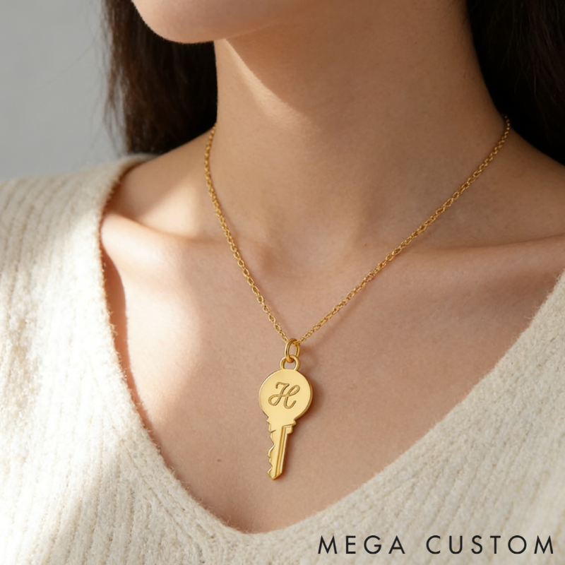 Personalized Sterling Silver Key-Shaped Initial Engraved Necklace