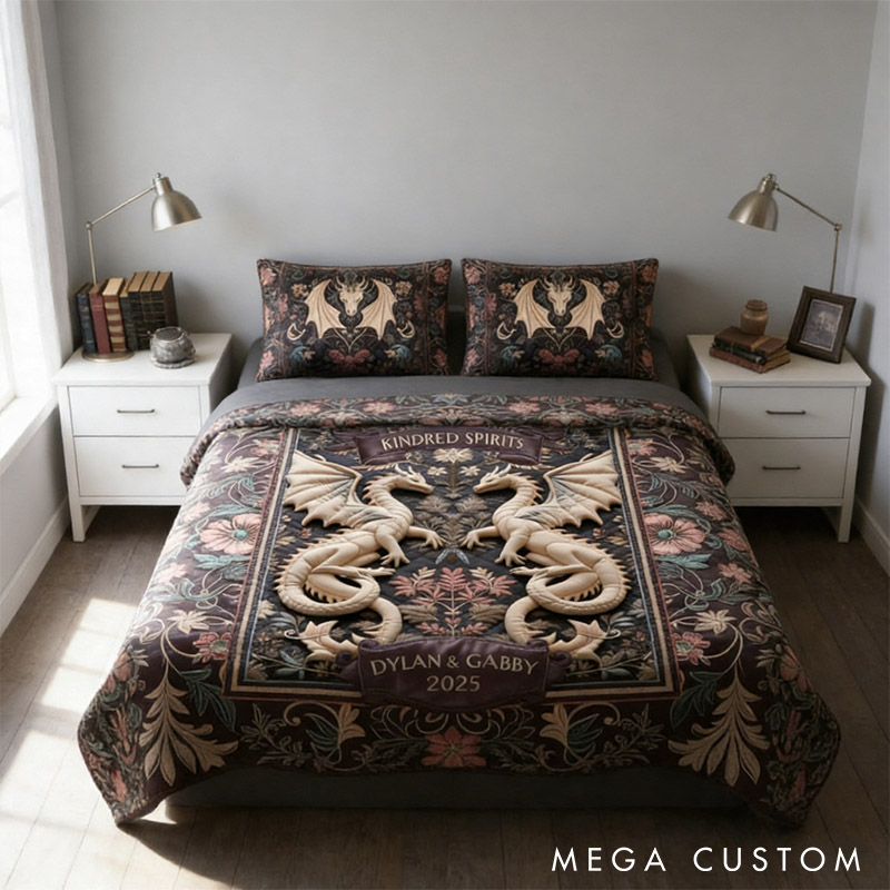 Personalized Couple Folk Medieval Dragon Bed Set Custom Kindred Spirits Graphic 3D Printed Bedding Decor with Name Anniversary Valentines Day Gift