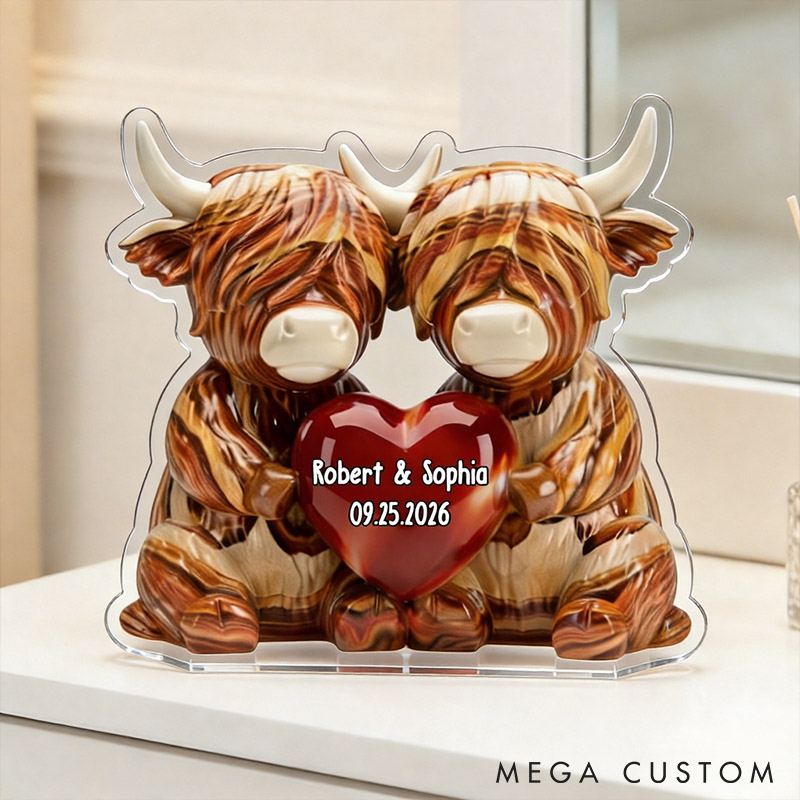 Personalized Highland Cow Couple with Heart Acrylic Plaque Custom Faux Wood Plaque with Name Anniversary Gift for Him Her Valentines Day Gift
