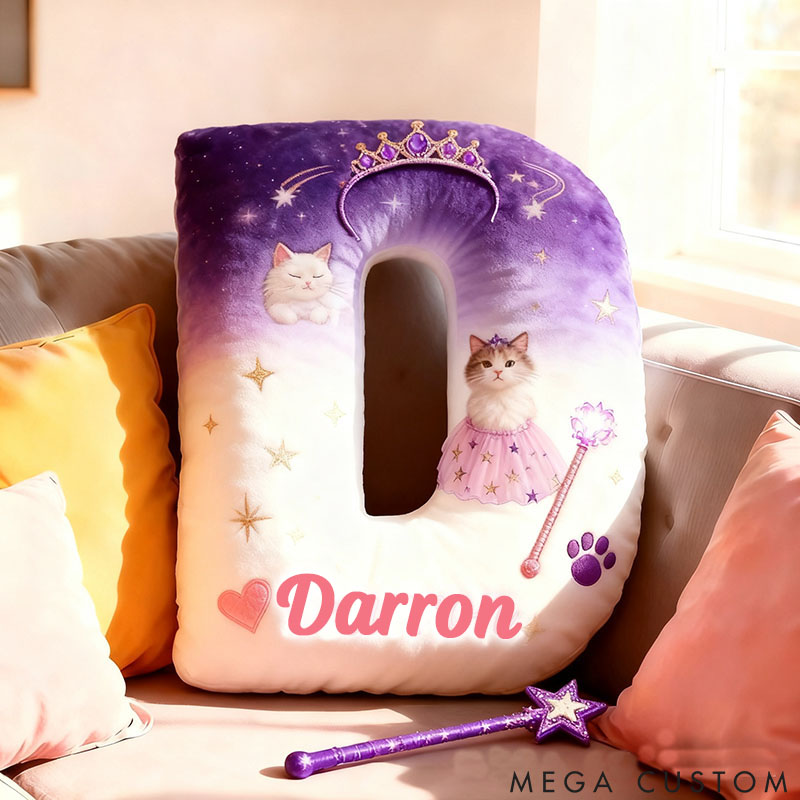 Personalized Cat Lover Princess Letter Pillow with Custom Name Pillow for Kid Graphic 3D Print