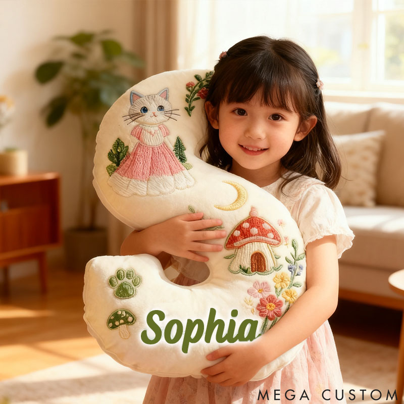 Personalized Cat Lover Mushroom House Forest Flower Letter Pillow with Custom Name Pillow for Kid Graphic 3D Print