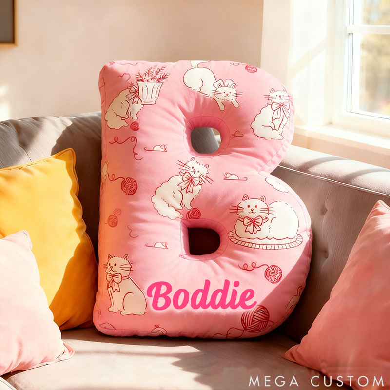 Personalized Cat Lover Pink Letter Pillow with Custom Name Pillow for Kid Graphic 3D Print