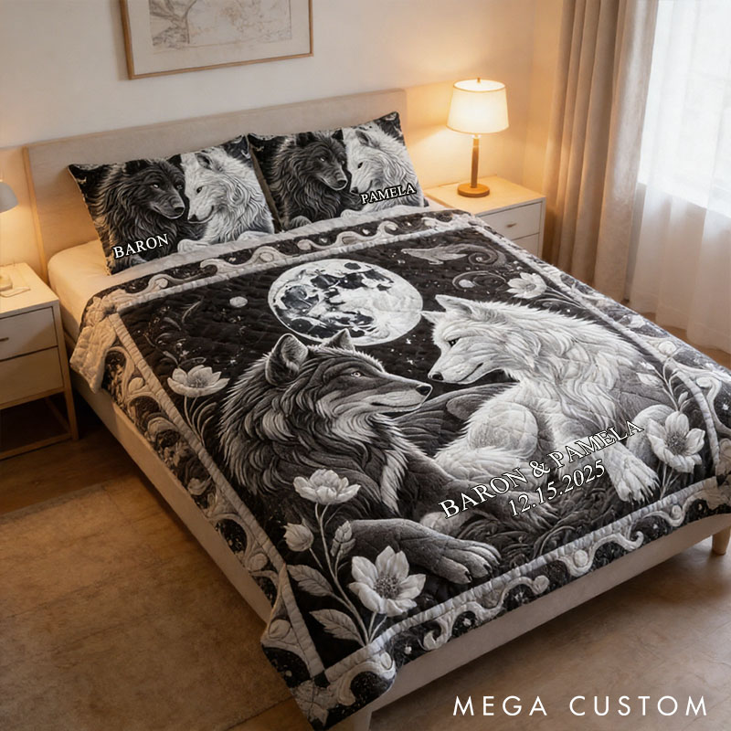 Personalized Couple Wolf Bed Set Custom Forest Moon Wolf Couple Graphic 3D Printed Bedding Decor with Name Anniversary Valentines Day Gift for Her Him