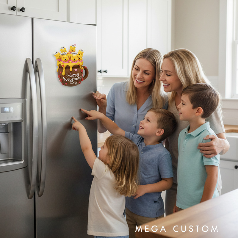 Personalized Mother's Day Bear Magnetic Fridge Magnet with Custom the Number of People Names and Text for Mother Grandmother Family
