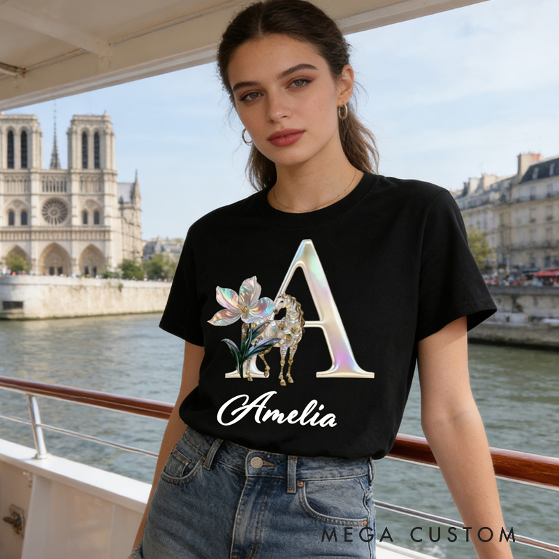 Personalized Horse Riding Birth Flower Initial Name Classic T-shirt for Women for Girls for Horse Lovers Riding Lovers Equestrian Lovers