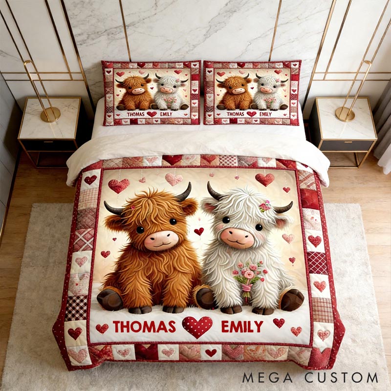 Personalized Couple Highland Cow Bed Set Custom Couple Valentines Day Graphic 3D Printed Bedding Decor with Name Anniversary Gift for Her Him
