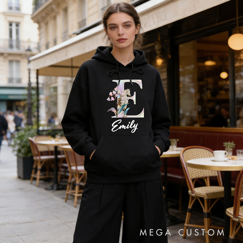 Personalized Horse Riding Birth Flower Initial Hoodie with Name Birthday Gift Sweatshirt for Horse Lovers Riding Lovers Equestrian Lovers